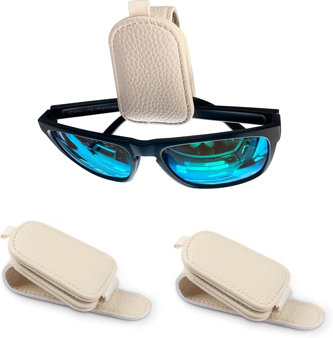 LTOHOE 2 Pack Sunglass Holder for Car, Magnetic Leather Sunglasses Holder and Ticket Card Clip, Universal for Different Size Glasses, Car Visor Accessories(Beige) by LTOHOE