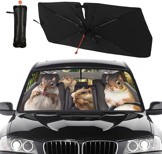 Socira Funny Squirrels Car Windshield Sunshade Umbrella Foldable Visor | Umbrella Sun Shade Cover Funny Animal Sunshade Front Window Cover Squirrels Car Accessories Blocks Uv Rays 57" X 30" by Socira