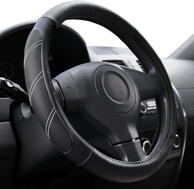 Elantrip Leather Steering Wheel Cover 15 1/2 to 16 inch Universal Large Soft Grip Breathable for Car Truck SUV Jeep Anti Slip Black by Elantrip
