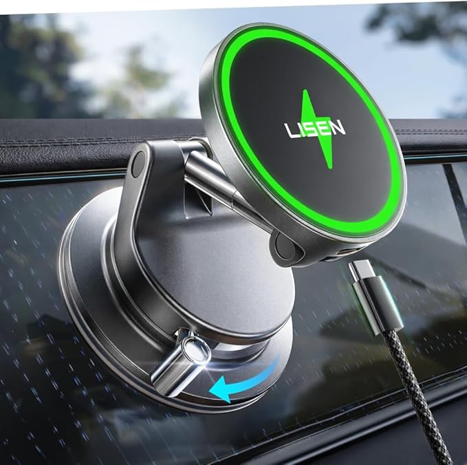 LISEN 15W MagSafe Car Mount Charger, Magnetic Wireless Car Phone Holder | [Easiest Mount] 96LBS Vacuum Suction Car Mount, 360° Magnetic Phone Holders for Your Car, for iPhone 17-12, Pixel 10, Samsung by Lisen