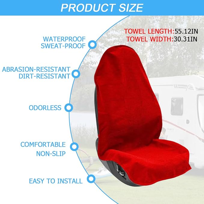 55.12 x 29.53 Inch Washable Towel Front Seat Cover, Red | soft anti-pilling cloth, neoprene grip dots, elastic straps, fits most cars, SUVs, and trucks, interior accessories - Image 2