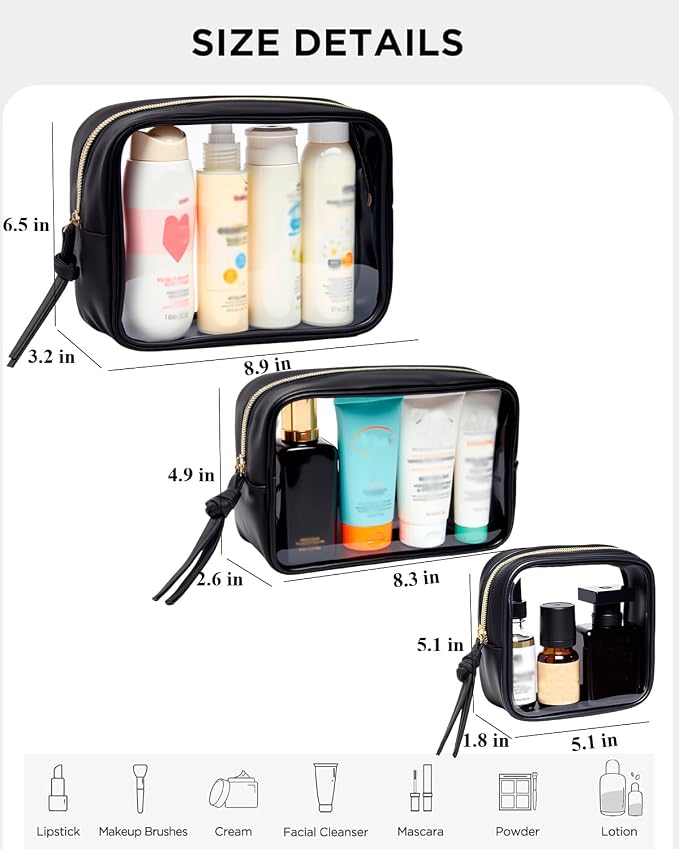 3Pcs Travel Clear Makeup Bag Set for Women, Transparent Toiletry Bag with Zipper Portable Makeup Pouch Organizer Waterproof Small Cosmetic Bag Compact Car Bag Organizer Car Accessories (Black Set) - Image 5