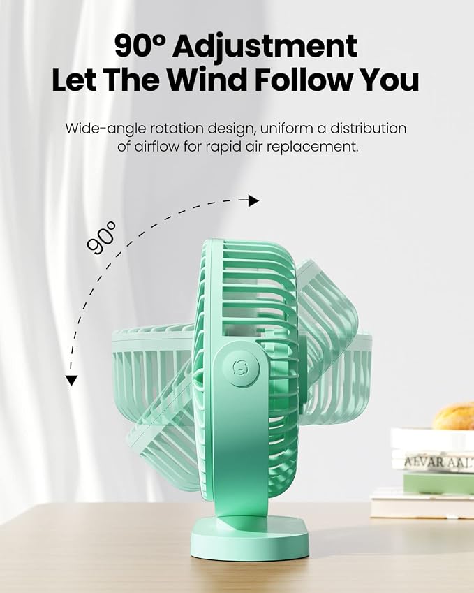 Gaiatop USB Desk Fan, 5.5 Inch Quiet 3 Speeds Small Portable Fan Green | USB Powered, 5ft Cable, Mini Personal Desktop Table Fans, Powerful Cooling for Home, Office, Travel, Car, Indoor, Outdoor - Image 6