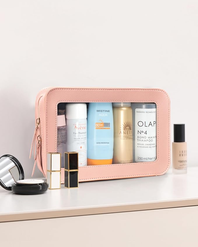 Clear Toiletry Bag, Portable Travel Makeup Pouch with Zipper, TSA Approved Organizer, PVC Cosmetic for Airport Airline Compliant Pink Car Accessories for Women (Pink) - Image 3