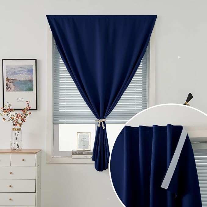 Thermal Blackout Curtains with Self-Adhesive Tape, No Rod No Drill Easy Install Window Cover for Bedroom Kitchen Dorm, 71" W x 59" L, Navy Blue, 2 Panels - Image 6