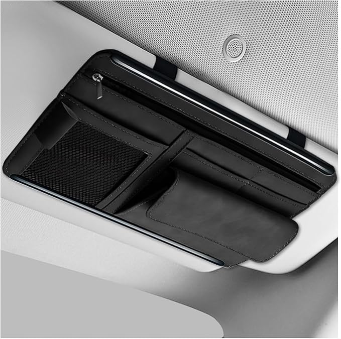 Car Sun Visor Organizer, Leather Sun Visor Pocket Organizer Case with Multi-Pocket Net Zipper, Suede Note Holder Car Visor Storage Pouch for Card Pen Sunglasses Document (Black) by Unknown