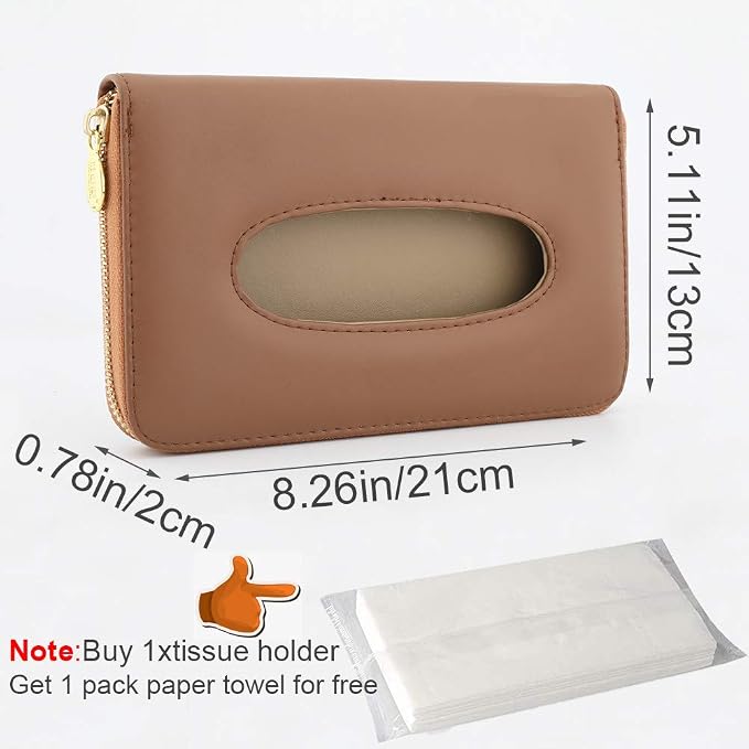 Car Tissue Holder, Sun Visor Tissue Holder, Car Visor Napkin Holder, PU Leather Backseat Tissue Case Holder for Auto Vehicle with Zipper (Brown) - Image 2