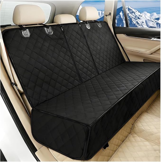 Oxford Dog Back Seat Cover with Side Flaps, Black Border | water-resistant surface, non-slip backing, headrest straps, belt openings, fits most rear seats, interior accessories by SWPHRT
