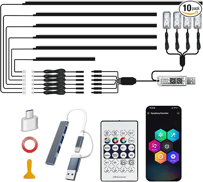 Acrylic Ambient Lighting Car Interior, 10 in 1 Dream Color Acrylic Led Strips Fiber Optic Lights Kit with APP USB Hub,Flexible Dynamic Neon Music Sync Emotion Glow Footwell Lighting for Car by Unknown