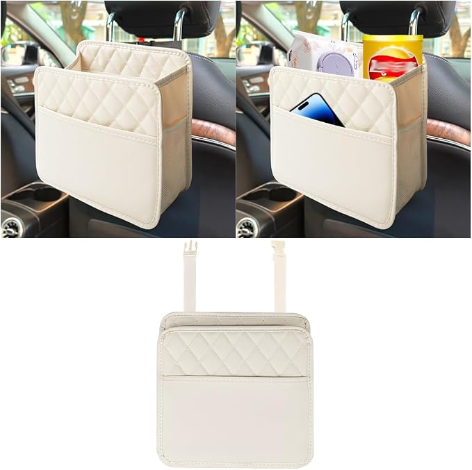Mandark PU Leather Car Seat Back Organizer, Beige | Three-pocket layout with clear panel, elastic strap installation, fits most cars, SUVs, and trucks, car interior accessories by Unknown