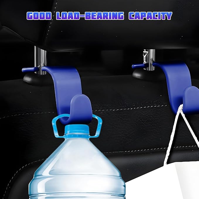 4 Pack 4.13 Inch Car Seat Headrest Hooks, Blue | plastic body, supports up to 55 lb, tool-free post fit, rotates beneath headrest when idle, interior storage accessory - Image 4