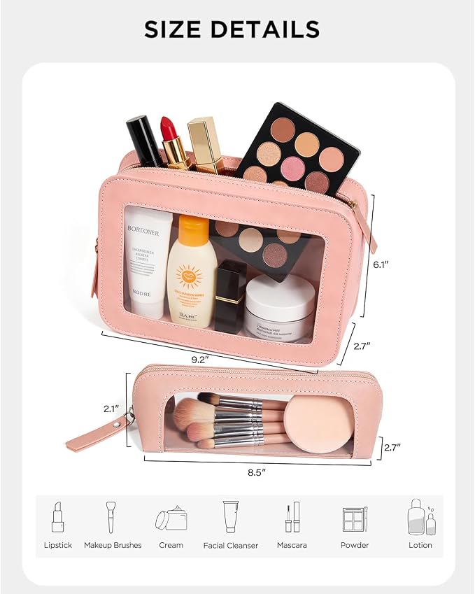 2Pack Clear Makeup Bags Set, Small Clear Makeup Bag, PU Leather Travel Makeup Brush Case Portable Transparent Waterproof Cosmetic Pencil Case Organizer Pouch(2Pack-White Set) - Image 7