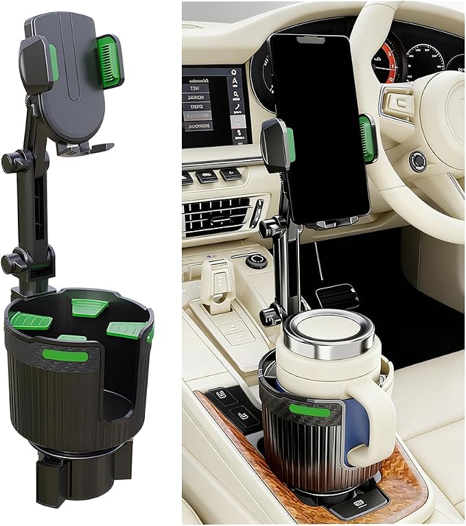 Adjustable Cup Holder Phone Mount 2-in-1 Vehicle Stand Green | Rotatable retractable base, abs construction, anti-slip pads, fits most cars, SUVs, and trucks, automotive accessories by Unknown