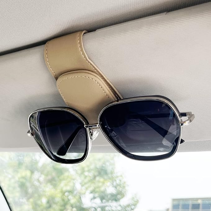 Sunglass Holder for Car, Magnetic Leather Eyeglass Hanger Clip for Car Sun Visor, Sunglasses Holder and Ticket Card Clip for Car Visor Accessories (1Pack Beige) - Image 2