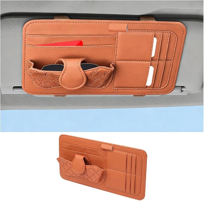 Car Sun Visor Organizer, Multifunctional Visor Storage Pouch with Sunglasses Holder & Card Sleeve Pocket, Auto Interior Organizer Pocket Bag for Pens Cards Documents, Universal Fit (Brown) by Unknown