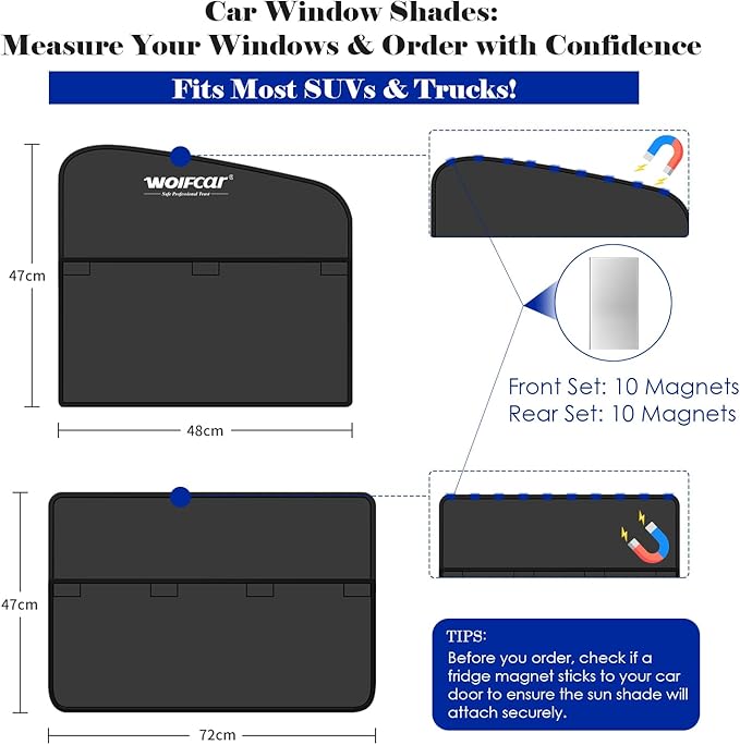 Wolfcar Car Window Shades for Front Side Windows, 2-in-1 Magnetic Detachable Car Window Covers with Hook-and-Loop, Keeps Side Mirrors Clear, Blocks UV & Glare, Car Curtains for SUV/Truck, 2 Pcs - Image 6