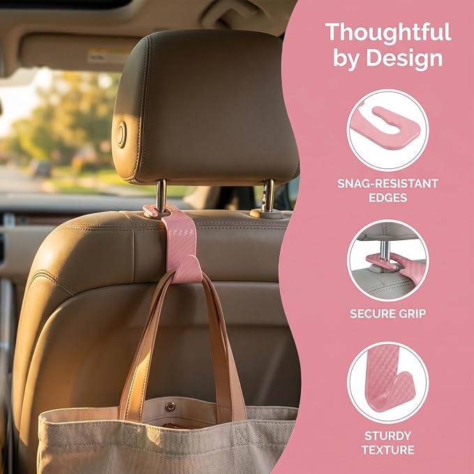 4 Pack Headrest Hooks for Vehicle Seats, Carbon Fiber/Pink | rear-row hanging storage, supports bags coats and groceries, fits matching headrest posts, interior accessory - Image 3