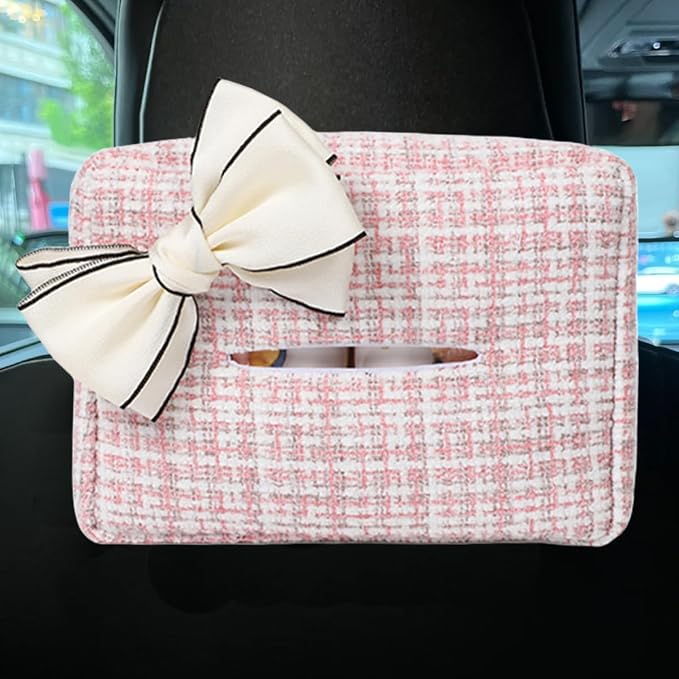 Car Tissue Holder, Cute Bow Tissue Box Cover for Auto Backseat, Rectangle Auto Napkin Holder Keep Car Tidy, Universal Napkin Storage Organizer for Vehicle Sun Visor, Headrest (Pink) by Unknown