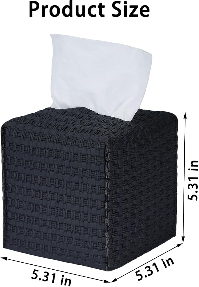 Tissue Box Cover 2-Pack, Square Tissue Holder with Bottom Belt, Modern Tissue Case Facial Paper Organizer Dispenser for Bathroom, Office, Home, Table, Car, Woven Pattern Black - Image 4