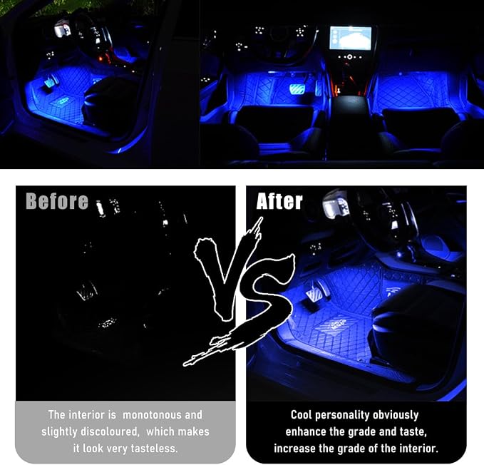 Wevdn Car Interior LED Strip Light, 12V 24 LED Waterproof Neon Ambient Night Light with USB Port, Automotive Atmosphere Decorative Under Dash Lighting Kit, Car Accessories (Blue) - Image 5