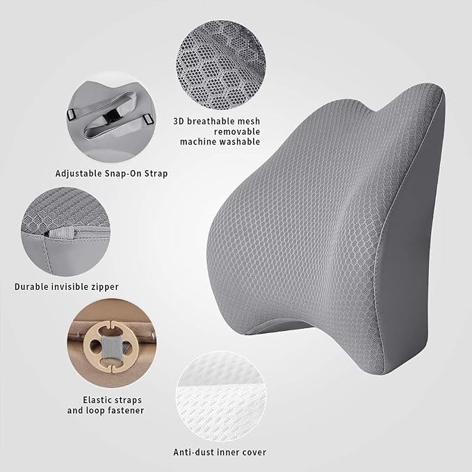 Memory Foam Lumbar Support Pillow for Car - Back Support for Car Seat (Gray) - Image 2