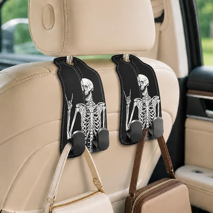 Cute Skull Skeleton Car Seat Back Storage Headrest Hooks for Purses & Bags – 2PCS PU Leather Dual Metal Hooks, Backseat Organizer Accessories - Image 5