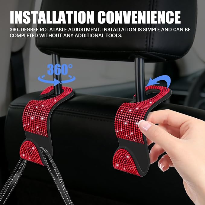 4PCS Bling Car Seat Headrest Hooks, Purse Holder for Car, Vehicle Back Seat Purse Handbag Hanging Holder with Crystal Rhinestone, Diamond Car Rear Seat Organizer for Vehicles (Red) - Image 4