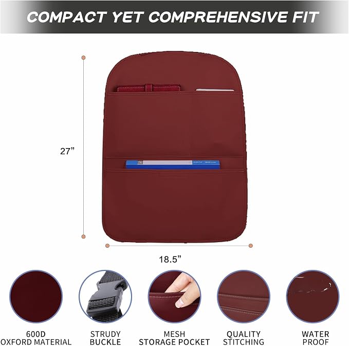 SUTSU Kick Mat Back Seat Protector， Waterproof Leather Car Seat Back Organizers Cover with 3 Storage Pockets for Kids Pets SUV Sedan Minivan Truck Car Travel Accessories (Wine Red 2-pack) - Image 4