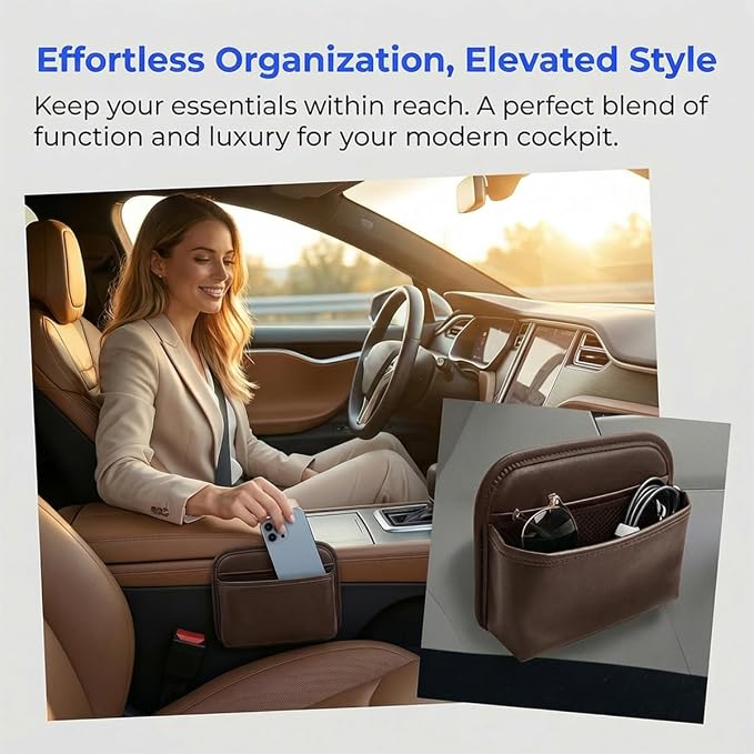 Car Seat Side Storage Bag, PU Leather Automotive Console Seat Gap Filler Organizer, Multifunctional Mini Vehicle Door Side Pouch for Phones, Keys, Wallets, Sunglasses (Coffee) - Image 3