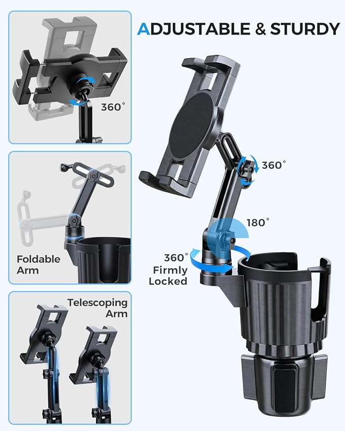 Porfortop 2-in-1 Cup Holder Tablet Mount Expander, 2-Section Foldable 15" Height Adjustable Arm & 360° Rotation, Universal Fit for iPad, iPhone, All Smartphones and Most Bottles for Car SUV Truck - Image 6