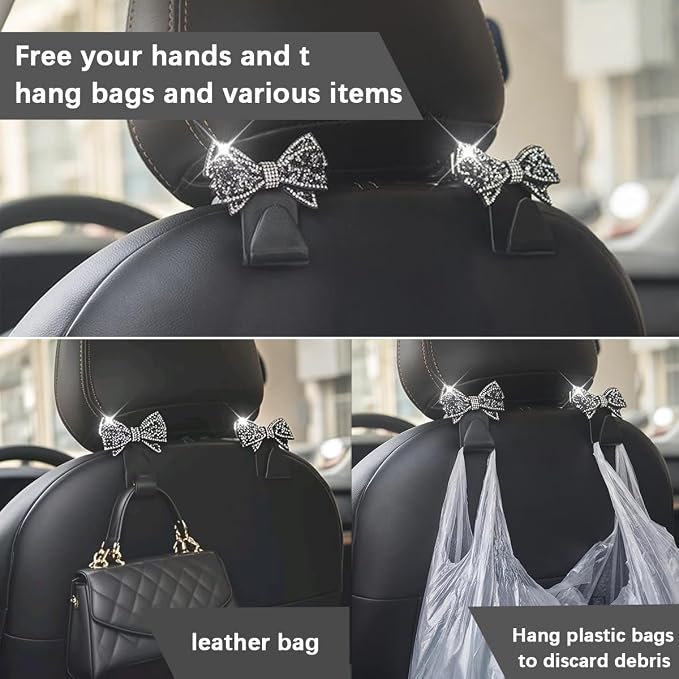 Zpana Bling Car Headreat Hook, 2PCS Crystal Rhinestone Cute Bow Vehicle Seat Back Hanger Storage for Purses Bags Grocery, Diamond Auto Rear Seat Organizer, Universal for SUV Truck Sedan (Red) - Image 5