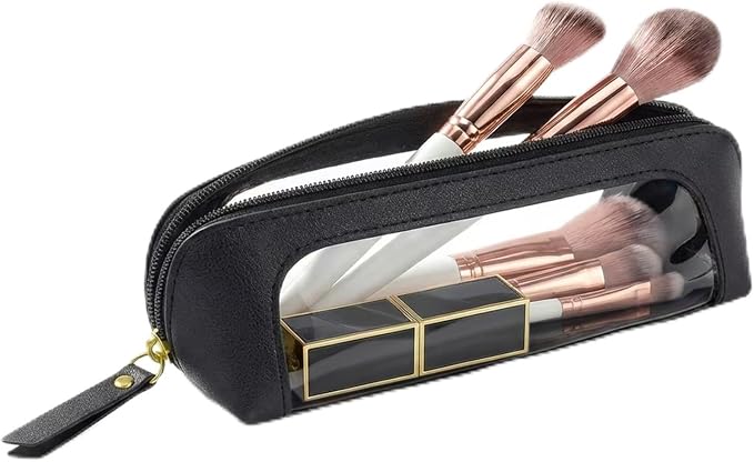 Clear Pencil Case for Boys,Cute Travel Makeup Brush Holder, Waterproof PU Leather Cosmetic Brush Pouch with Zipper, Portable Makeup Brush Organizer Case for Daily Use Travel (Chic Black) by LETGO