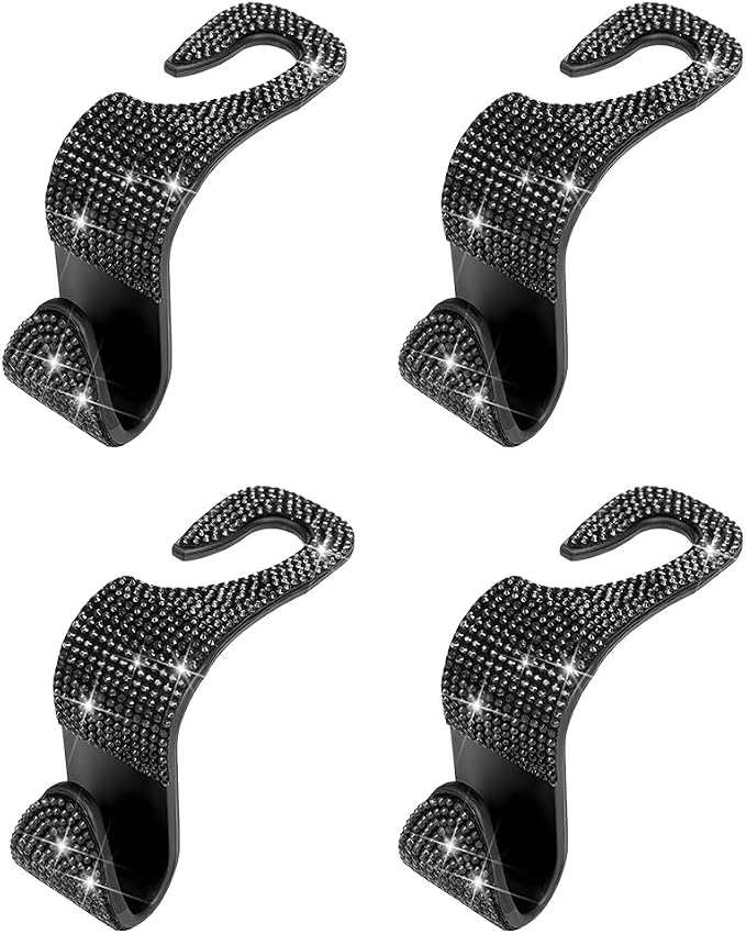 4PCS Bling Car Seat Headrest Hooks, Crystal Rhinestone Vehicle Back Seat Hanger Holder, Auto Interior Headrest Hanging Storage Organizer for Purse Handbag Coat, Universal Fit (Black) - Image 7
