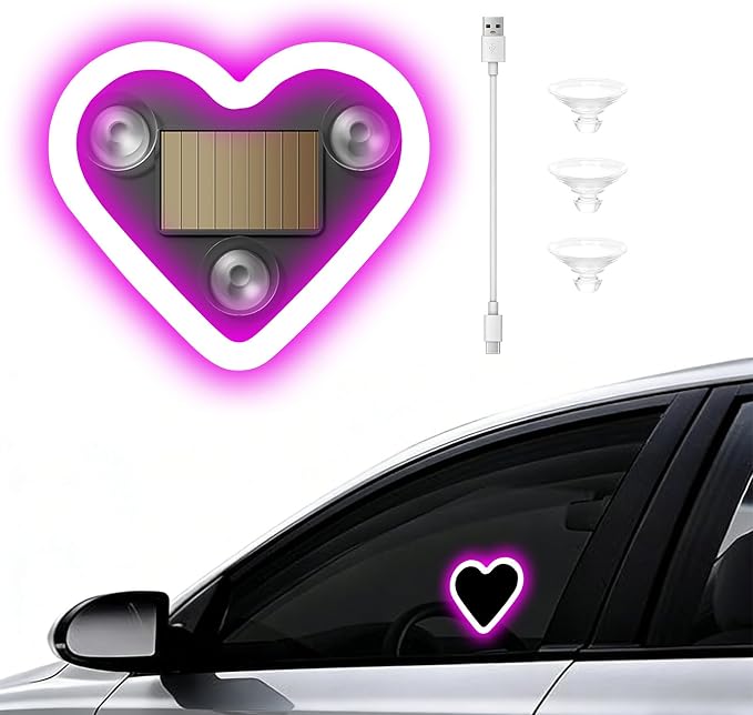 Car Window Wireless LED Ambient Light Solar Powered Love Heart Shaped Neon Lamp for Night Driving Interior Decor Accessories Romantic Gift for Women Girl Couples-Pink by GCZCC