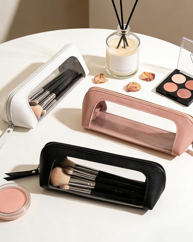 Clear Pencil Case for Boys,Cute Travel Makeup Brush Holder, Waterproof PU Leather Cosmetic Brush Pouch with Zipper, Portable Makeup Brush Organizer Case for Daily Use Travel (Chic Black) - Image 2
