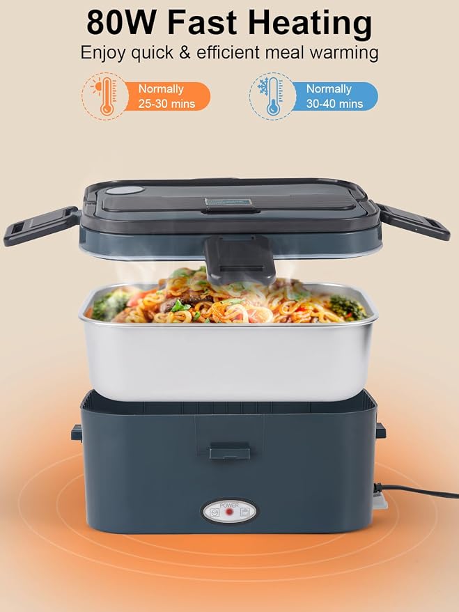 SOHIDA 1.8L+0.5L Heated Lunch Box for Men, 80W Electric Lunch Box with Long-handled Utensils for Adults, 12V/24V/110V Lonchera Eléctrica Portátil, Portable Food Warmer for Car/Truck/Office (Deep Blue) - Image 3