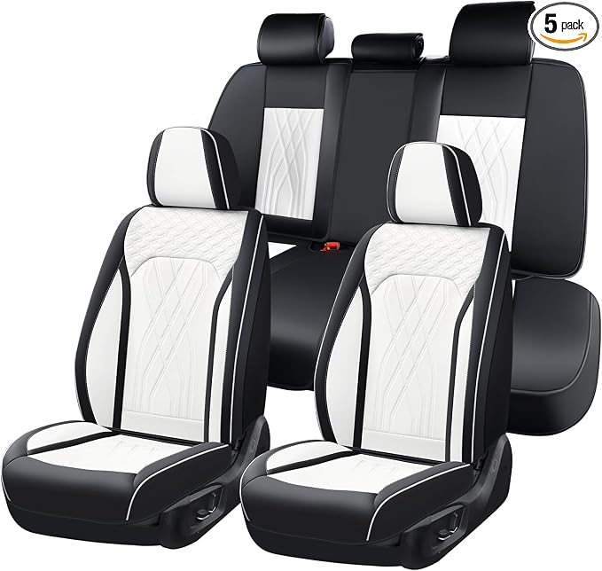 FLORICH Leather Car Seat Cover Full Set Automotive Seat Covers 5 Seats Front and Back Seat Cover Full Coverage Car Seat Cushion Universal Fit for Most Car Truck SUV Seat Protection, Black&White by FLORICH