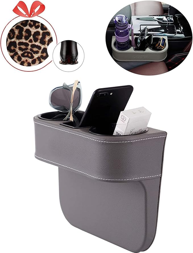 Cup Holder for Car, Car Seat Gap Organizer, PU Leather, XBD Gray | Console Side Pocket, Cup Drink Holders, Easy Install, Universal Fits, Car Coin Cellphone Holder, Auto Front Seat Cup Holder - Image 2