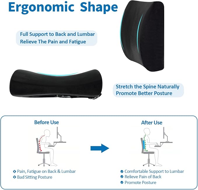 SAIREIDER Comfortable Lumbar Support Pillow for Office Chair, Memory Foam Back Support Pillows for Car、Gaming Chair、 Home Chair, Back Pain Relief Improve Posture, Double Adjustable Straps(Black) - Image 2