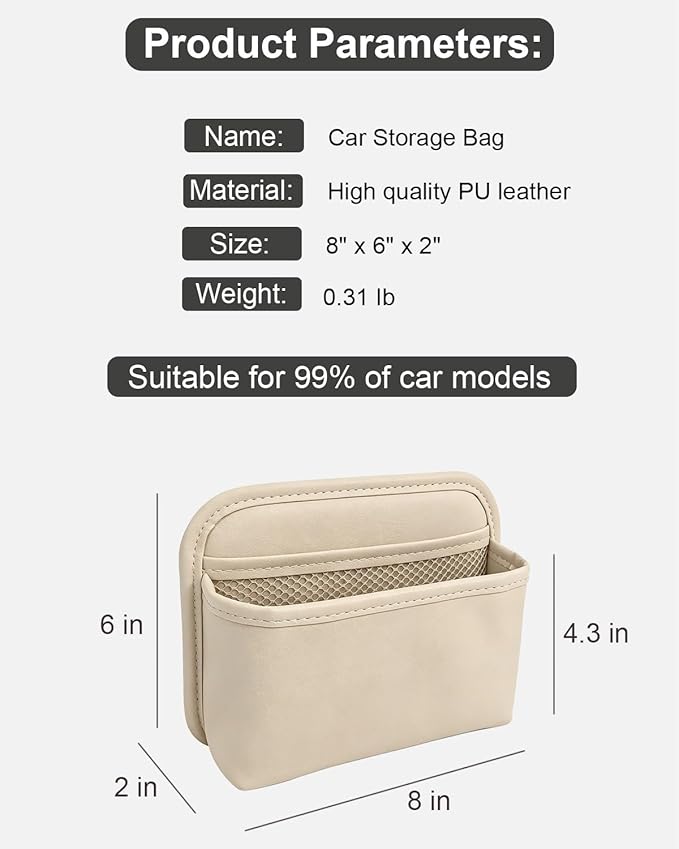Car Seat Side Pocket Organizer for Car Doors and Consoles, Beige | Reusable Adhesive Car Storage Bag, Holds phones keys wallet sunglass etc, Suitable for all vehicles, PU Leather - Image 2