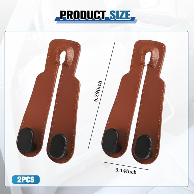 2PCS Car Seat Headrest Hook, Multifunctional Dual Hook Seat Back Purse Bag Storage Organizer, Auto Backseat Hanger Holder for Umbrella Grocery Phones, Universal for Vehicles (Brown) - Image 2