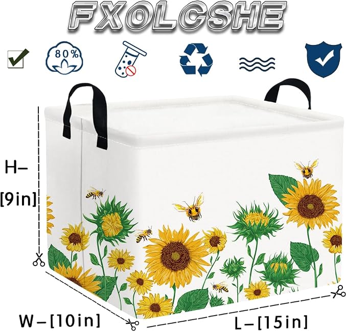 FXOLCSHE Rectangular Sunflower basket,Waterproof Canvas kids Laundry Nursery Hamper,Storage Baskets for Bedroom,Yellow Hamper,Gift Basketsr(Sunflower) - Image 7