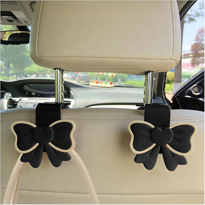 2PCS Car Seat Headrest Hook, Cute Bow Vehicle Backseat Storage Hanger Purse Handbag Organizer, Automotive Interior Seat Back Hook Holder for Umbrella Hat Bag, Universal for Vehicles (Black) - Image 6