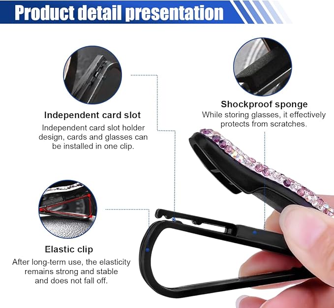 2PCS Bling Sunglasses Holder for Car, Fashion Crystal Rhinestone Sun Visor Glasses Holder with Ticket Card Clip, Eyeglasses Mount Car Sunglasses Clip, Auto Visor Glasses Clip for Women Girls (Purple) - Image 4