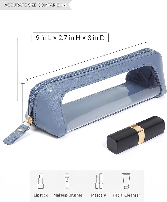 Clear Pencil Case for Kids,Cute Makeup Bag for Women(Slim, Blue) | Waterproof PVC Leather Cosmetic Pouch Zipper,Mini Travel Toiletry Bag for Women,Makeup Brushes Bag Storage and Orgainzer - Image 6