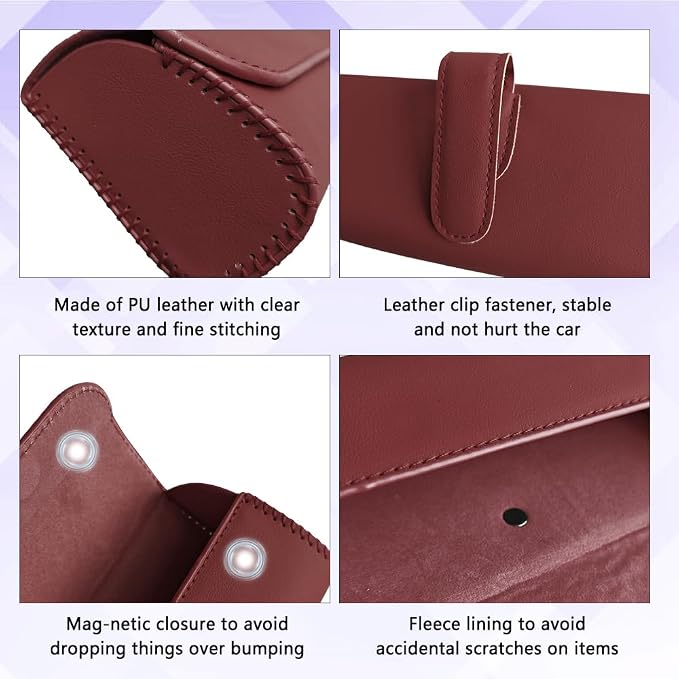 Sunglasses Holder for Car Sun Visor, Sunglass Organizer for Car, Magnetic Leather Eyeglasses Protective Storage Case, Waterproof Glasses Organizer Visor Accessories for Vehicles (Wine Red) - Image 5