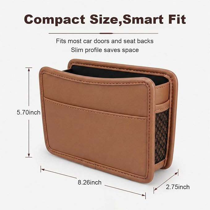Car Seat Side Pocket Organizer, Leather Sewn Multifunctional Automotive Trash Bag, Small Vehicle Door Pouch for Cell Phone, Key, Wallet, Sunglasses (Brown) - Image 2