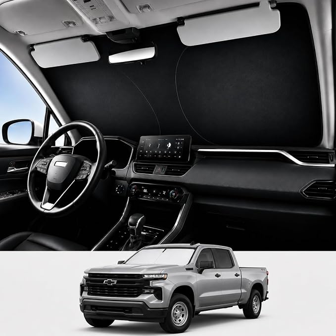 Proadsy Custom Fit Car Windshield Sun Shade for 2019-2025 Chevy Silverado | 240T Heat Shield, Drops Temp 54°F, Blocks 99% UV, Prevents Dashboard Cracking, Summer Parking & Beach Trips, Easy Twist-Fold by Proadsy