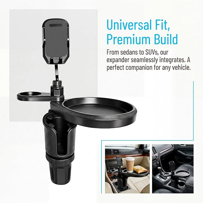Car Cup Holder Tray, 4-in-1 Vehicle Drink Holder Expander Adapter with Phone Holder & Food Tray Table, Auto Center Console Cupholder Eating Table Organizer, Universal Fit (Black) - Image 6