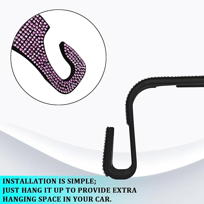 Bling Car Seat Headrest Hooks Pink Car Accessories for Women Crystal Rhinestone Auto Seat Back Hanger Storage Organizer for Purse Handbag Coat Grocery Bag, Universal Purse Hook for SUV Truck-2PCS - Image 4